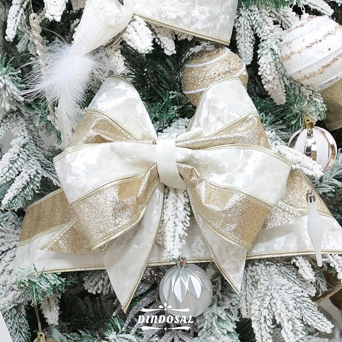 Ivory Velvet Wired Christmas Ribbon 4 Inch Extra Wide Thick Ivory and Gold Glitter Holiday Ribbon – 10-Yards Roll for Tree Decorations, Gift Wrapping, Wreaths, and DIY Crafts