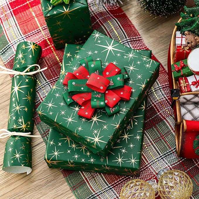 Garbendy Green Christams Wrapping Paper Roll- 17 Inch X 32.8 Feet - Embossing 3D Emerald Green with Gold Foil Star Design for Christmas, Birthday, Wedding, Baby Shower, Bridal Shower, Party