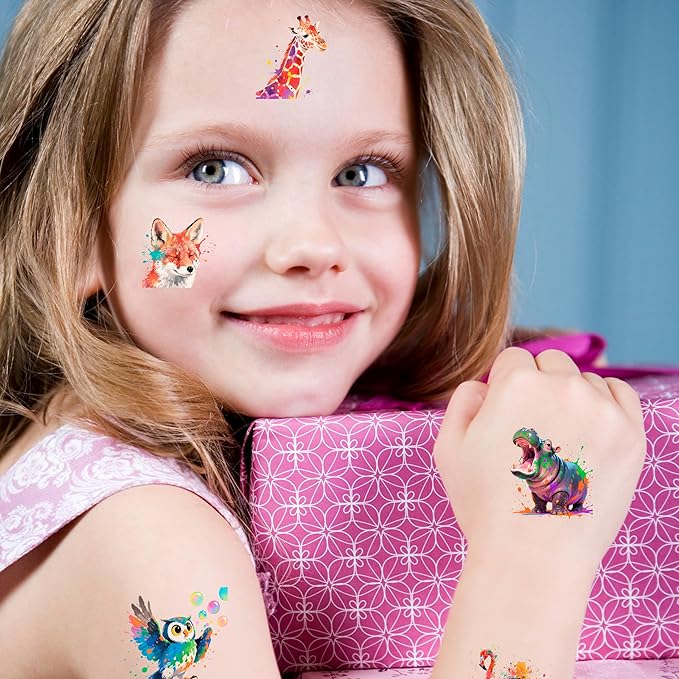 216 PCS Watercolor Animals Temporary Tattoo Set (36 Sheets) for kids - Cute Animals Sticker for Girls Boys Body Arm Shoulder, Birthday Party Supplies Gifts for Kids