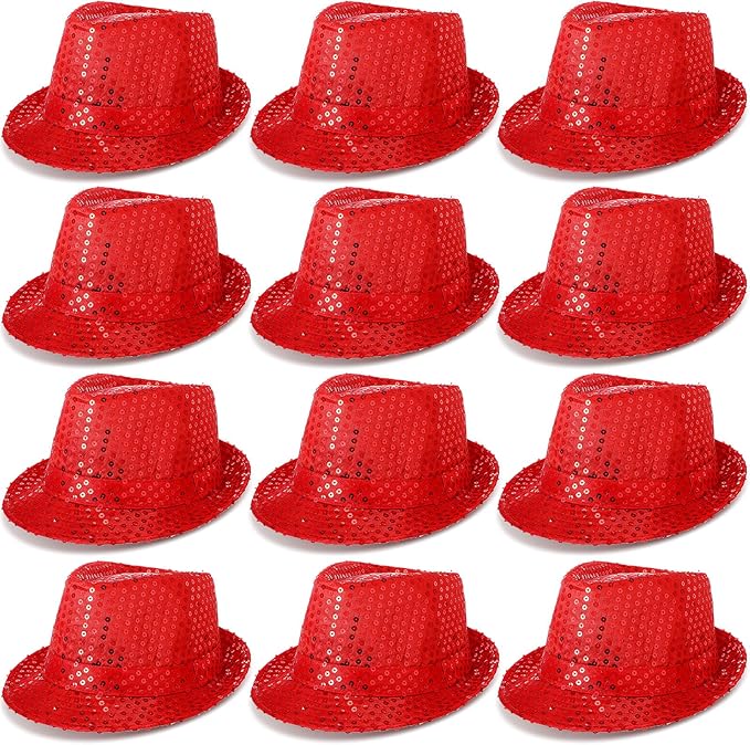 Janmercy 12 Pieces Western Sequin Hat Glitter Solid Color Dance Hat Retro Disco Unisex Costume Cap for Party Props Supplies