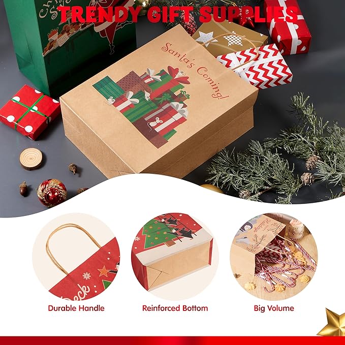 JOYIN 24 Pcs Christmas Kraft Gift Bags with Twine Handles, 10'' X 13'' X 5'' Large Xmas Goodie Goody Treat Bags for Holiday Present Wrapping, Christmas Decorations, Party Supplies Decor