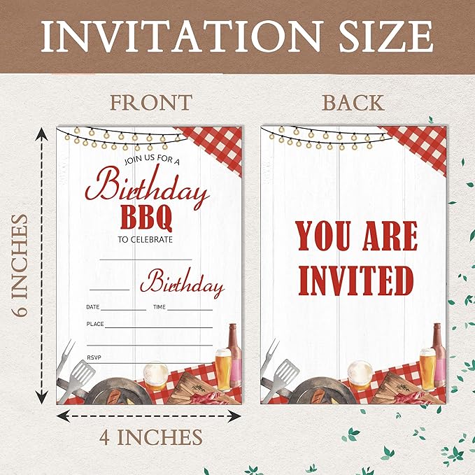 Eronm BBQ Birthday Party Invitation- 20 Pack Girls Birthday Invite with Envelopes- Summer Barbecue Theme Party Invitation Card for Girl- Double Sides Design- Party Decorations Supplies (4''x6'')-B14