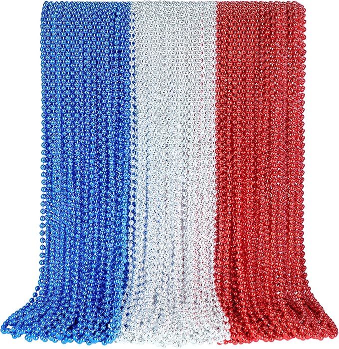 102 PCS Patriotic Bead Necklaces, 4th of July Beads Necklaces Bulk 4th of July Accessories 33 Inch Metallic Red/Silver/Blue Beaded Necklaces for Patriotic Day, Carnival Party Favor