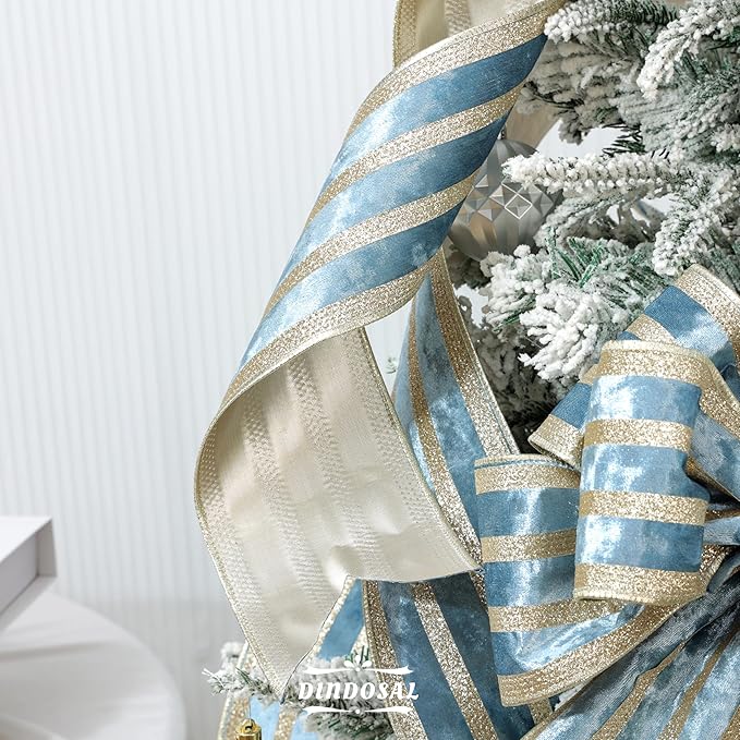 Dusty Blue Velvet Wired Ribbon with Champagne Glitter Stripe 4 Inch Extra Wide Crushed Velvet Christmas Ribbon, 10 Yards for Gift Wrapping, Crafts, Tree Decorations, Wreaths, Garlands