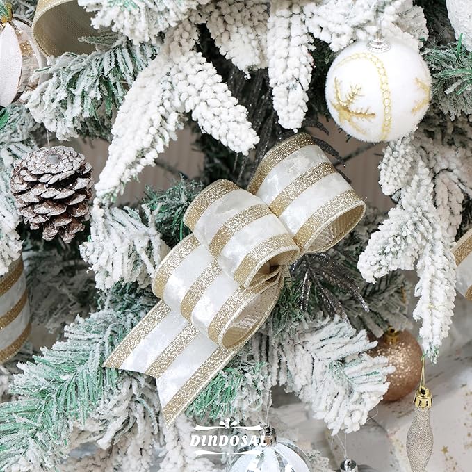 Ivory Velvet Wired Ribbon with Champagne Glitter Stripe 2.5 Inch Crushed Velvet Christmas Ribbon, 10 Yards for Gift Wrapping, Crafts, Christmas Tree Decorations, Wreath Supplies, Garlands
