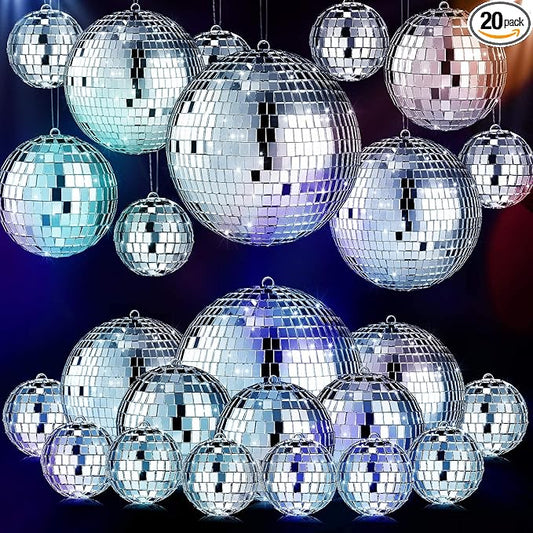 MTLEE 20 Pcs Disco Balls Decoration Mirror Disco Ball Assorted Silver Mini Glass Different Sizes Reflective with Rope for 70s Wedding Dance Music(6, 4, 3. 2, 2 Inch)