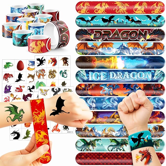72PCS Dragon Party Set | 48PCS Temporary Pre-cut Tattoos & 24PCS Slap Bracelets Fun Fantasy Themed Birthday Supplies, Baby Shower Gifts, Classroom Rewards & Party Decor for Kids (Boys & Girls)