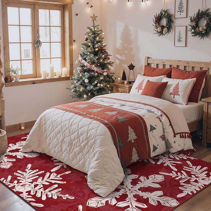 Christmas Area Rug 6x9 for Living Room, Washable Rug for Bedroom, Christmas Home Decor, Holiday Print Carpet, Low Pile Non Slip Mat with Rubber Backing, Snowflake