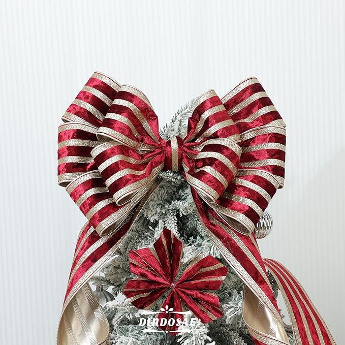 Burgundy Velvet Wired Ribbon with Champagne Glitter Stripe 4 Inch Crushed Velvet Extra Wide Christmas Ribbon, 10 Yards for Gift Wrapping, Crafts, Tree Decorations, Wreath Supplies, Garlands