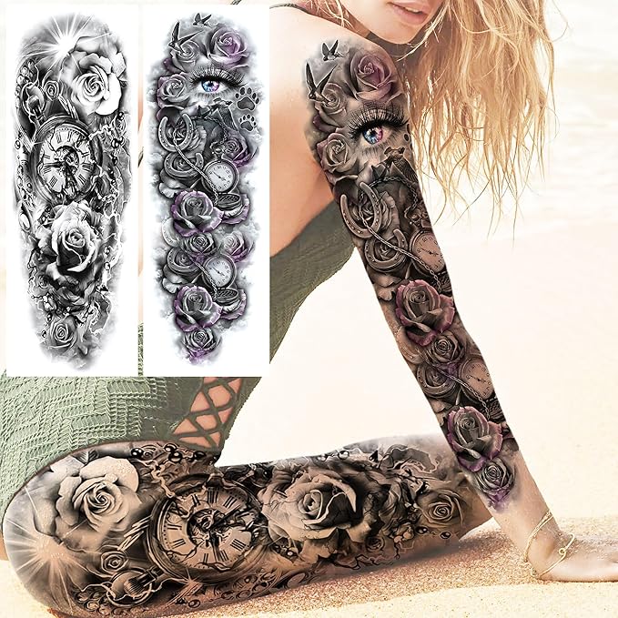 20 Sheets Sexy Rose Flower Full Arm Temporary Tattoos For Women Adults Thigh, Black Tribal Eye Gear Peony Florals Eye Compass Clock Fake Sleeve Tattoos For Women, 3D Halloween Tattoo Stickers