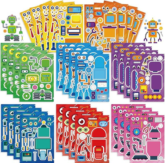 Create-Your-Own-Sticker, 32 Sticker Sheets for Kids Party Favors, Robot Stickers for Kids, Sticker Faces for Kids, Educational Party Favors, Birthday Party Activities, Robot Birthday Party Supplies