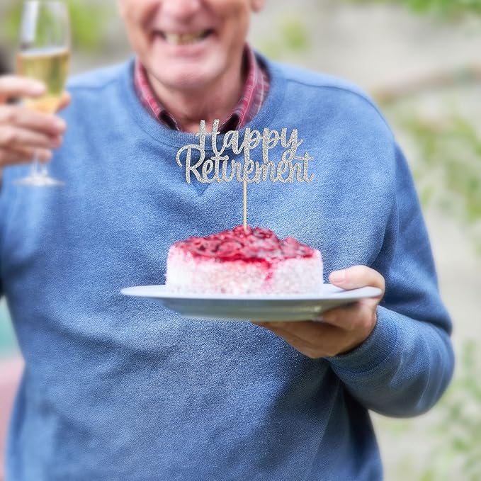 Gyufise Silver Happy Retirement Cake Topper Retirement Cake Decoration Picks for Retired Party Cake Decoration Party Supplies 1 Pack