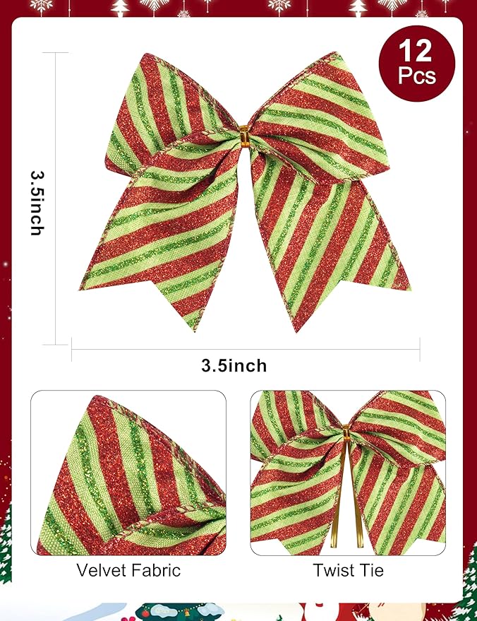 SIMISI RIBBON Christmas Tree Bows Wreaths Graland Xmas Party Decorations Red Green Stripe Ornaments (6 * 6 Inches, 12 Pcs)