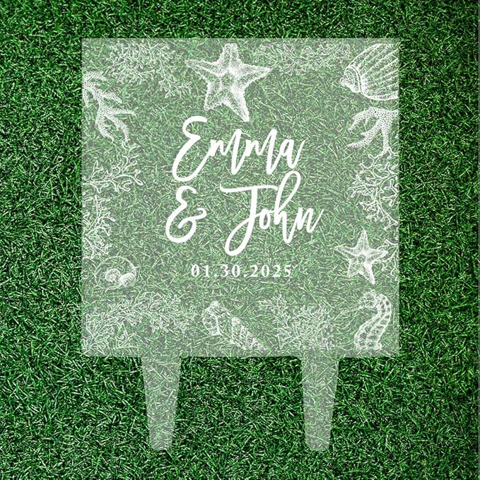 Andaz Press Beach Nautical Ocean Custom Wedding Cake Topper, Acrylic Square Personalized Couple Cake Topper