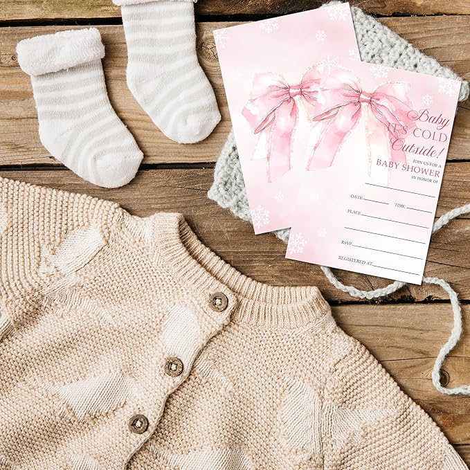 4'' x 6'' Baby It's Cold Outside Baby Shower Invitations - 25 Watercolor Pink Bow Invited Cards with Envelopes - Winter Announcement Invites for Girls, Gender Reveal Party Supplies & Decor -A02