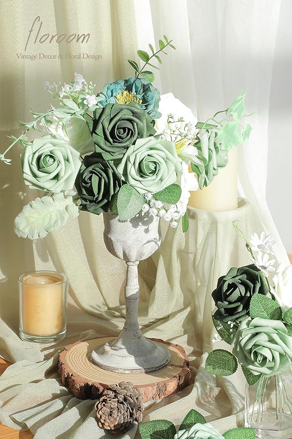 Floroom Artificial Flowers 25pcs Real Looking Sage Green & Emerald Green Foam Fake Roses with Stems for DIY Wedding Bouquets Bridal Shower Centerpieces Floral Arrangements Party Tables Decorations
