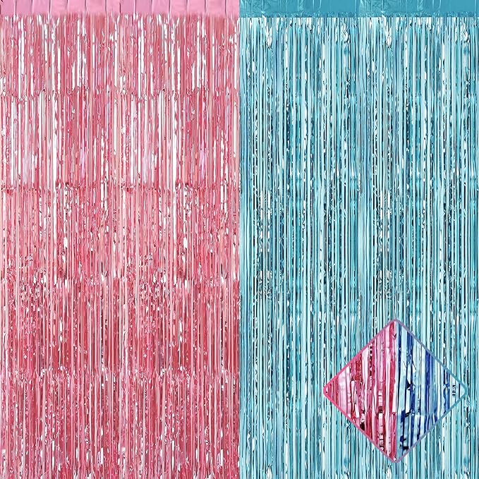 4 Pack 3.2Ft x 9.8Ft Pink Blue Foil Fringe Curtain Backdrop, Metallic Tinsel Foil Fringe Streamers Curtains for Photo Booth, Wedding, Gender Reveal Backdrop Boy or Girl Birthday Party Decoration
