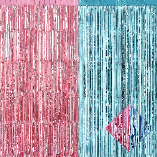 4 Pack 3.2Ft x 9.8Ft Pink Blue Foil Fringe Curtain Backdrop, Metallic Tinsel Foil Fringe Streamers Curtains for Photo Booth, Wedding, Gender Reveal Backdrop Boy or Girl Birthday Party Decoration