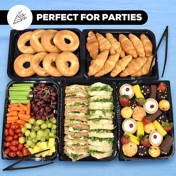 5 Pack Catering Trays with Lids – 15" Serving Tray with Lid, Heavy Duty Recyclable Plastic Party Platters for Catering, Buffet, Picnics & Events – Food Trays with Clear Lid (15.35 × 11.42 × 2.95 inch)