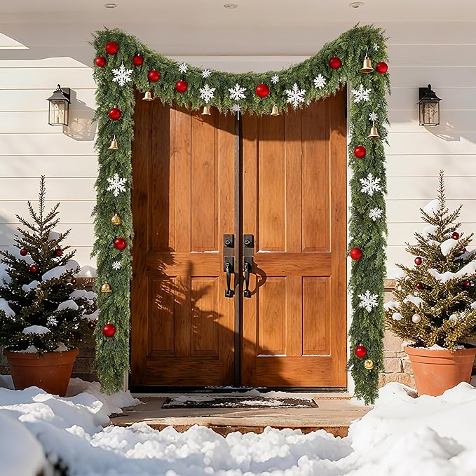 Palonu 9Ft Christmas Cedar Garland, Artificial Realistic Greenery Faux Garlands Touch Like Real Pine Needles Xmas Décor, Fireplace Mantle Table Stairs Porch Indoor Outdoor Holiday Decoration