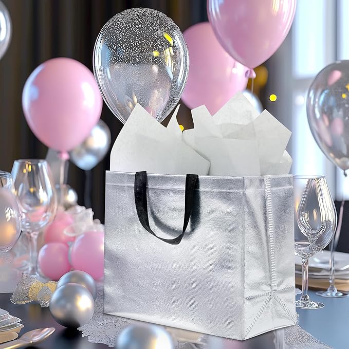 KeerxunBag 12Pcs Reusable Gift Bags（Includes Tissue Paper） Gift bag with handle Birthdays Parties Holidays Weddings Medium 13x5x11in Silver Gift Bags