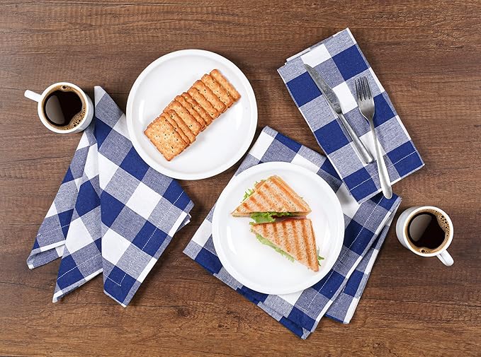 LFH Home 100% Cotton Cloth Reusable Dinner Napkins Set of 12 Washable Soft Decorative Buffalo Plaid Gingham and Checkered Table Napkins for Holidays Wedding Farmhouse Decor 18x18 Inch - Blue & White