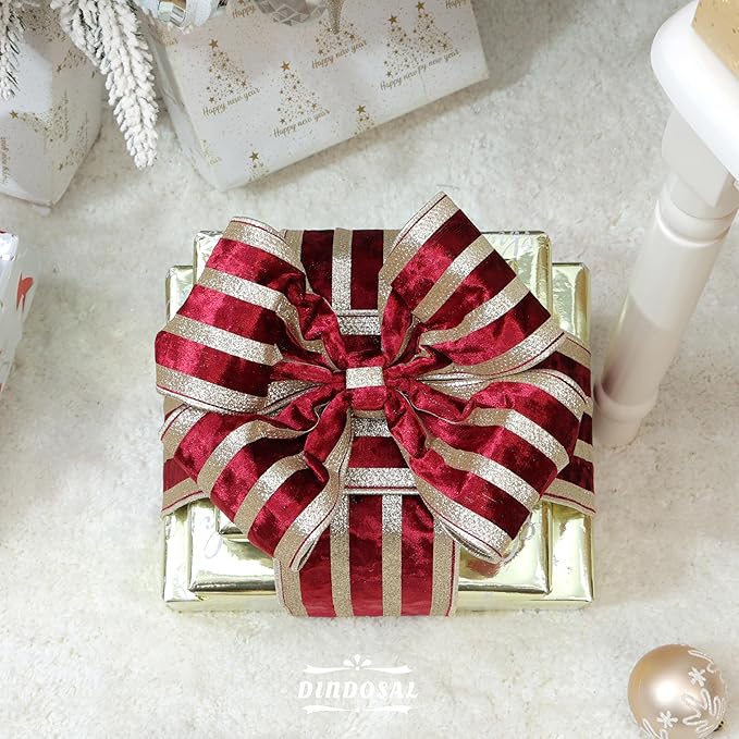 Burgundy Velvet Wired Ribbon with Champagne Glitter Stripe 4 Inch Crushed Velvet Extra Wide Christmas Ribbon, 10 Yards for Gift Wrapping, Crafts, Tree Decorations, Wreath Supplies, Garlands