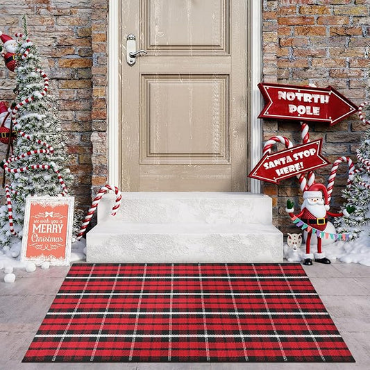KIMODE Christmas Door Mats Outside 27.5"x43", Red and Black Buffalo Plaid Rug, Farmhouse Christmas Front Door Mat, Washable Reversible Outdoor Christmas Decor for Front Porch, Entryway, Kitchen