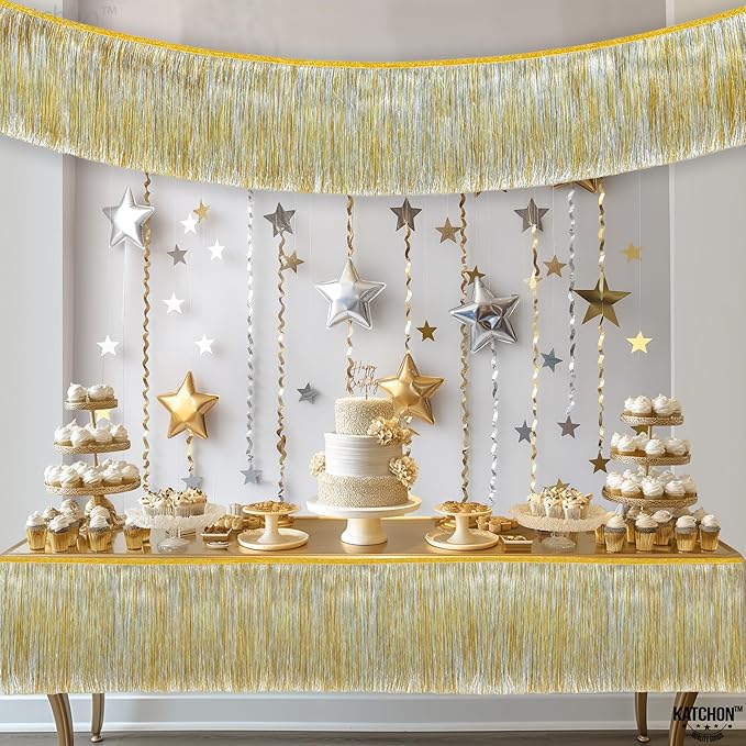 KatchOn, Silver and Gold Fringe Banner Garland - 6.5 Feet, Pack of 2 | Gold Fringe Garland for Golden Birthday Decorations | Golden, Silver Streamers for, Bridal Shower, Bachelorette Party Decorations