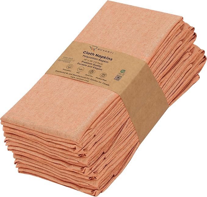Ruvanti Cloth Napkins Set of 12, 18x18 Reusable Napkins Cloth Washable, Soft & Durable Table Napkin, Poly Cotton Fabric Dinner Napkins for Parties, Christmas, Thanksgiving, Weddings - Orange Peel