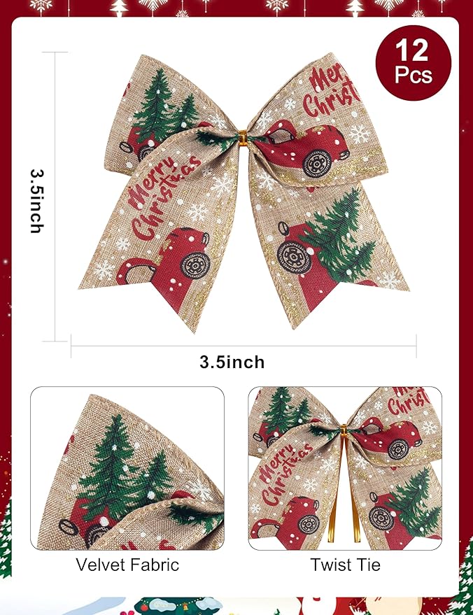 SIMISI RIBBON Christmas Tree Bows Wreaths Graland Xmas Party Decorations Red Truck Ornaments (6 * 6 Inches, 12 Pcs)