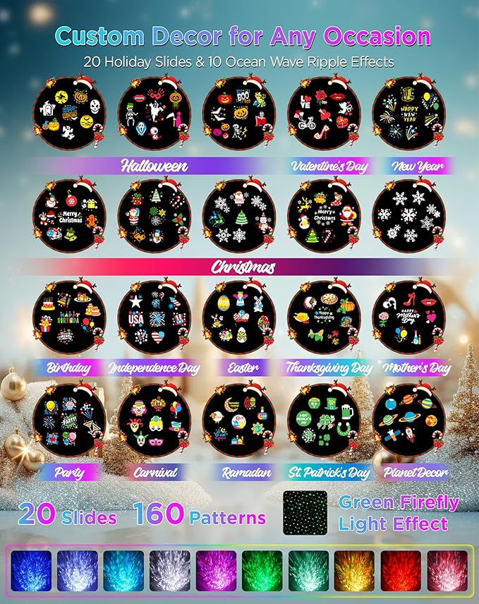 Christmas Projector Lights Outdoor Waterproof, 20 Slides & 8 Bright HD Patterns, Firefly & Ocean Wave Effects, Timer Snowflake Light Projector for House Yard Xmas New Year Valentine’s Thanksgiving