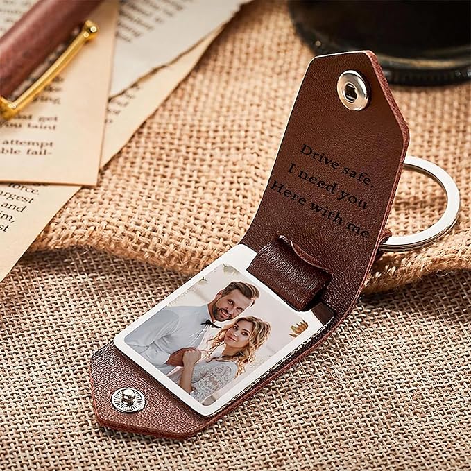 Personalized Photo/Text Leather Keychain for Men Womens Custom Picture Key Chains Memorial Gifts for Family Lover