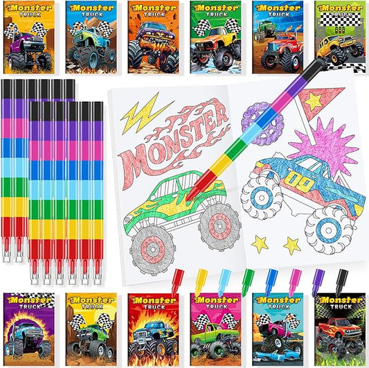 BenLouis 24 Monster Truck Mini Coloring Books Kids with 24 Stacking Crayons Monster Car Party Favors Activity Books Bulk for Kids Monster Truck Birthday Goodie Bag Gift Stuffer Classroom Travel