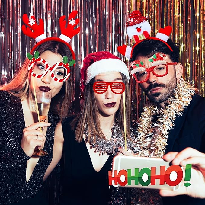 52 Pcs Christmas Photo Booth Props Kit, 20Pcs Glitter Eyeglasses Frame Hats Hairhoop and 32Pcs DIY Selfie Pose Signs for Xmas Party Decoration, Funny Christmas Holiday Party Favor Supplies for Adults
