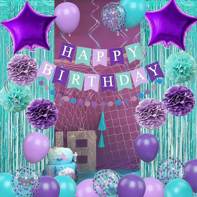 Mermaid Birthday Decorations Purple Teal Blue Party Balloons Happy Birthday Banner Dots Garland Purple Turquoise Green Fringe Curtain Pompom Swirls for Girl Women Baby Shower Party Decoration