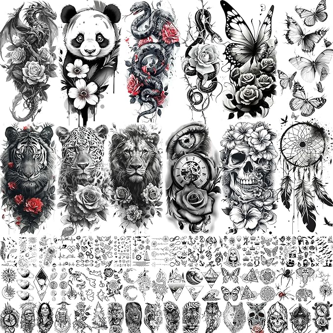 66 Sheets Snake Rose Flower Temporary Tattoos For Women Girls, Dragon Panda Florals Half Arm Sleeve Tattoo Sticker Dreamcatcher Floral, Skull Temp Butterfly Fake Tattoos For Adults Lion Tiger Leopard