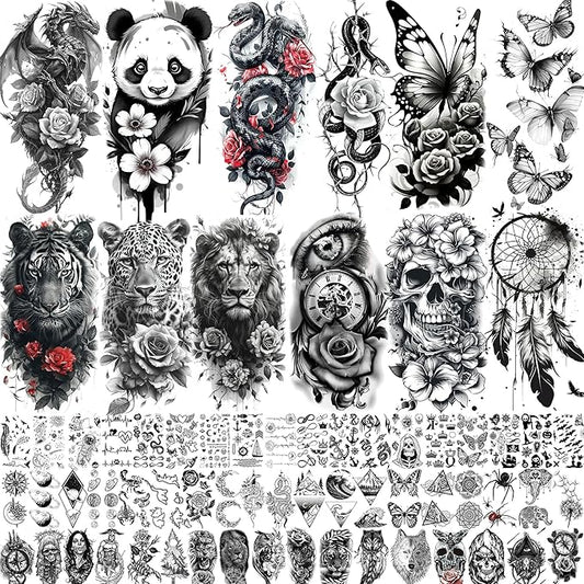 66 Sheets Snake Rose Flower Temporary Tattoos For Women Girls, Dragon Panda Florals Half Arm Sleeve Tattoo Sticker Dreamcatcher Floral, Skull Temp Butterfly Fake Tattoos For Adults Lion Tiger Leopard
