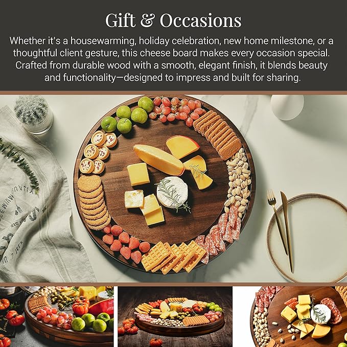 Shanik Acacia Wood Rotating Cheese Board – Round Lazy Susan Charcuterie Platter for Appetizers, Crackers, Meat, and Cheese Serving Tray