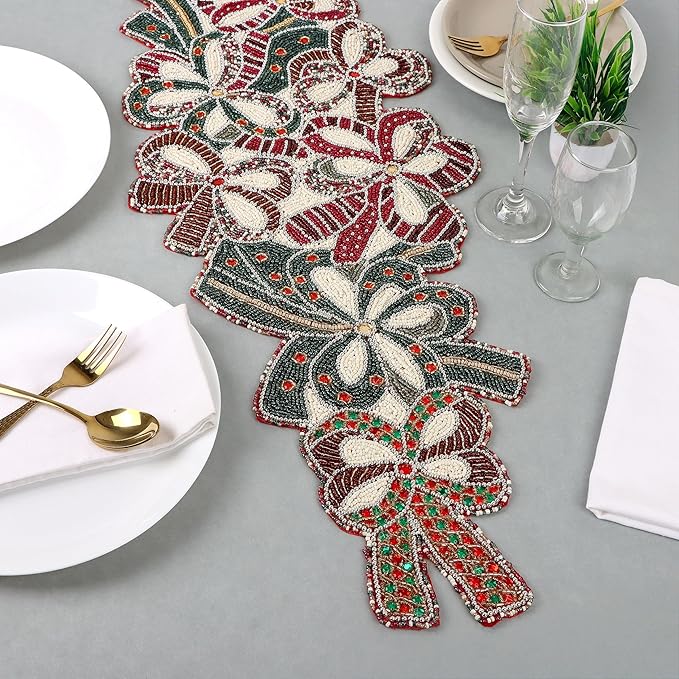 Christmas Beaded Table Runner 13x36 - Handcrafted Beaded Table Ruuners, Perfect for Weddings, Festive Celebrations, Dining Tables, Home Décor, and Everyday Use (Red White) - CLEENTABLE