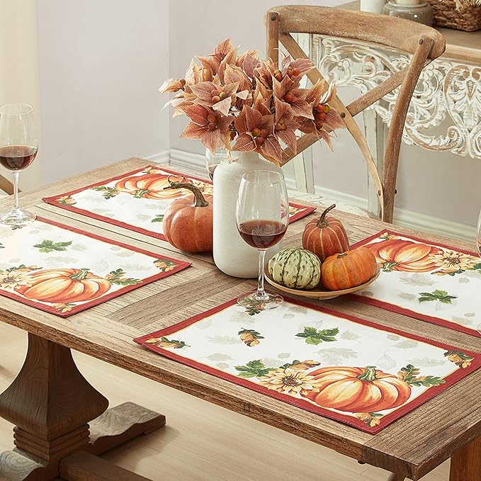 Newbridge Thanksgiving Autumn's Bounty Bordered Fabric Placemats, Bountiful Farm Pumpkin Fall Harvest Multicolor Easy Care for Holiday Party, Set of 4 Place Mats