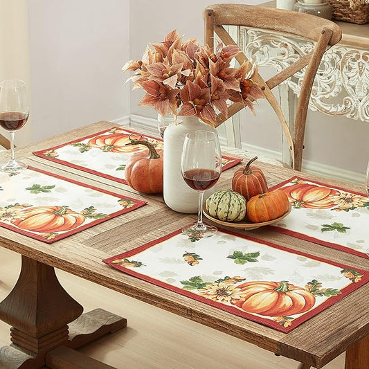 Newbridge Thanksgiving Autumn's Bounty Bordered Fabric Placemats, Bountiful Farm Pumpkin Fall Harvest Multicolor Easy Care for Holiday Party, Set of 4 Place Mats