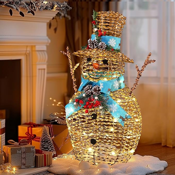 LuxenHome 2FT Lighted Snowman Outdoor Christmas Decorations, Battery Operated Gold Ribbon Snowman Christmas Decor with 41 LED Light, Blue Scarf & Hat, Xmas Decorations Outdoor Holiday Display