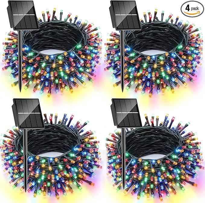 Solar Christmas Lights Outdoor, 4 Pack Solar String Lights Outdoor Waterproof, 100 LED, 8 Modes Christmas String Lights for Outside Christmas Decorations Patio Yard Tree Garden(Multicolor)