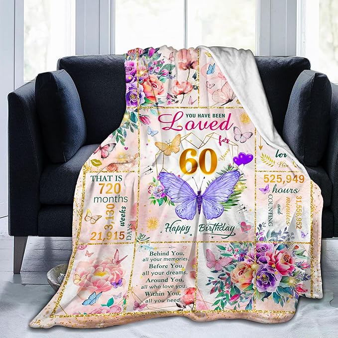60th Birthday Gifts for Women, Super Soft Unique Fun Purple Butterfly Flower Blanket Gifts for Anniversary Christmas, 60th Birthday Decorations for Women, Cozy Warm Plush Fuzzy Fleece Blanket 60"x50"
