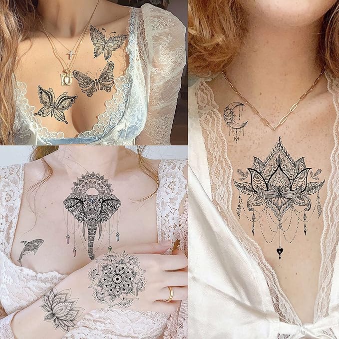 64 Sheets Tribal Vintage Black Lotus Temporary Tattoos for Women Girls, Bohemia Mandala Flower Fake Sleeve Tattoos for Adults Owl Moon