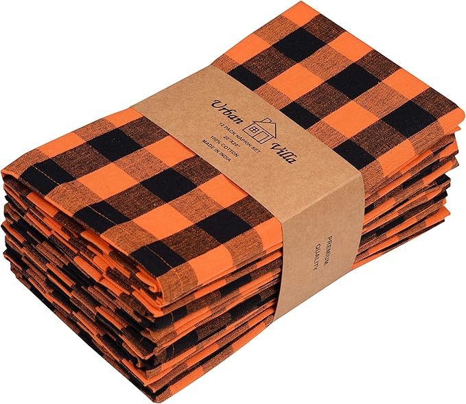Urban Villa Halloween Cloth Napkins Back Orange Checks Dinner Napkins 20''x20'' (Set of 12) 100% Cotton Absorbent Napkins Soft Durable Reusable Washable Ideal for Events Parties Everyday use