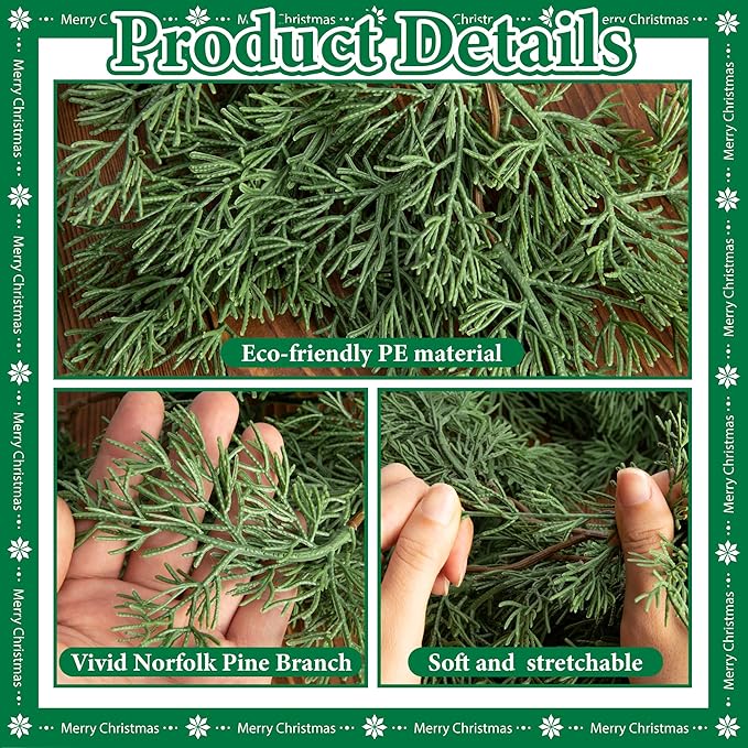 6 Ft Christmas Norfolk Pine Garland, Dense Pines Realistic Touch Garland Ornaments, Greenery Artificial Pine Cypress Garlands for Christmas Holiday Mantle Fireplace Table Home Decor