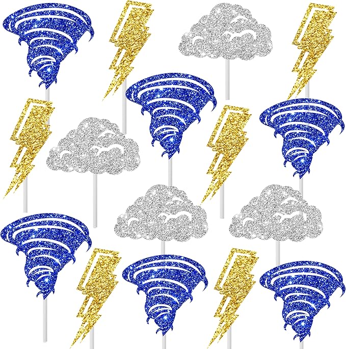 24pcs Glitter Tornado Party Cupcake Toppers Tornado Birthday Party Decorations Lightning Cloud Theme Cake Cupcake Picks for Weather Theme Birthday Party Baby Shower Supplies