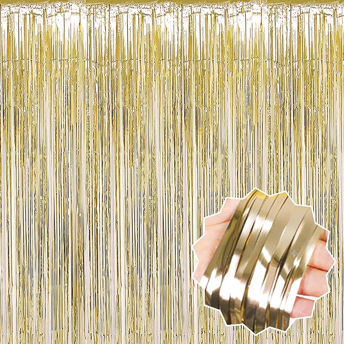 3 Pack Light Gold Foil Fringe Curtains Backdrop, 3.28 x 6.6 Ft Metallic Streamers Tinsel Curtains Background for Photo Booth, Birthday, Halloween, Christmas, Thanksgiving, New Year Party Decorations